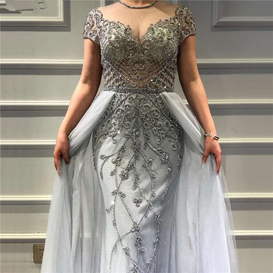 Sier Beaded Mermaid Prom Dresses With Detachable Train Vintage Short Sleeves Sheath Formal Evening Gown Long Pageant Wear