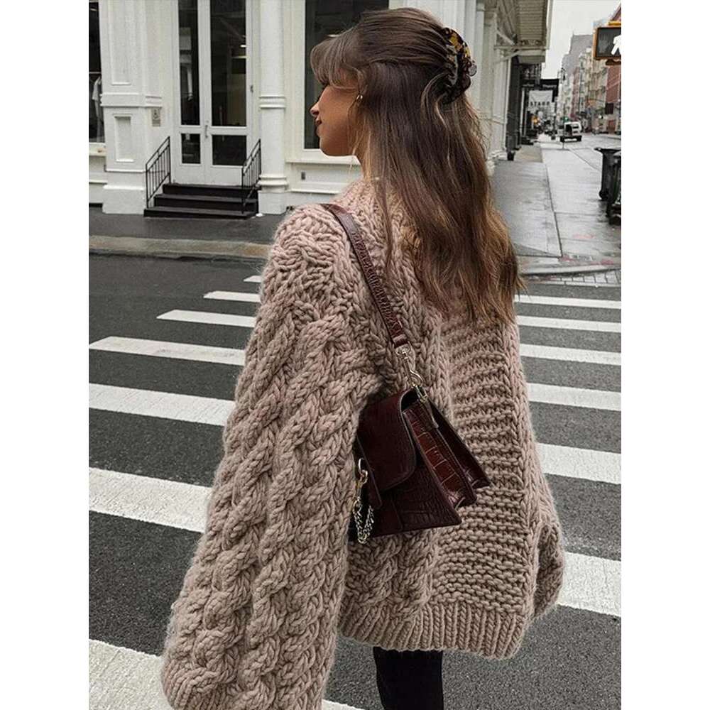 Elegant Solid Knitted Sweaters For Women Casual Oversize Long Lantern Sleeve Pullovers 2024 Autumn New O Neck Lady Jumper Tops