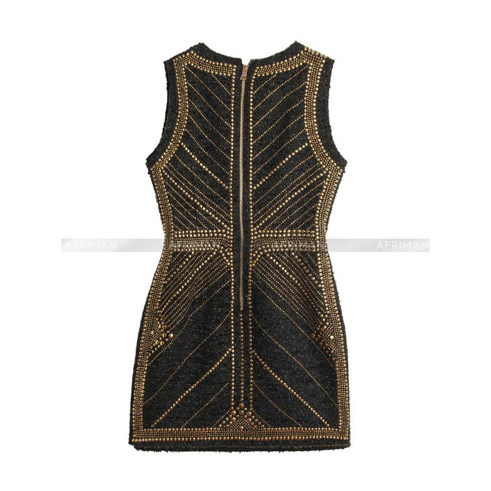Women New Positioning Rivet Beaded Sleeveless Waist Wrap Hip Gold Thread Tweed Bodycon Dress