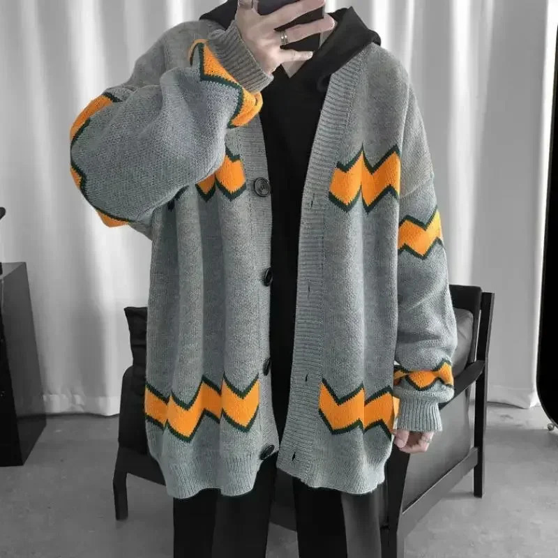 Knit Sweater Male Jacket V Neck Cardigan Mens Clothing Black Striped Coat Korean Autumn Clothes Casual Pull Oversize Cotton Fun 241024