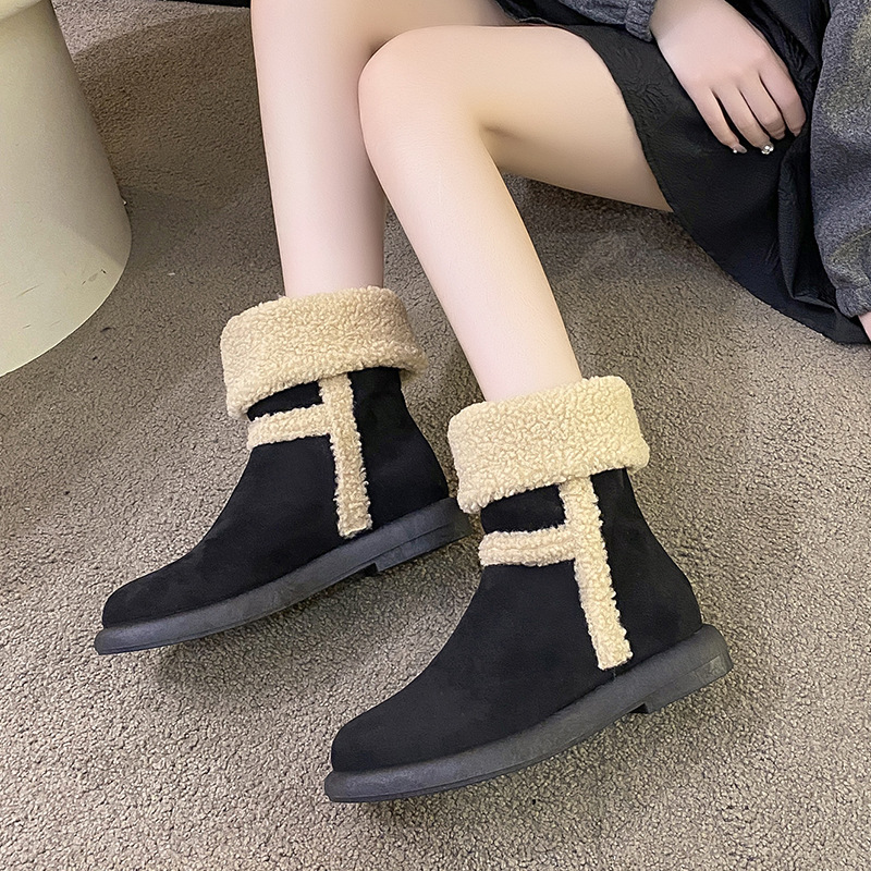 Women's Fashion Boots:Thick Sole Snow Boots Winter Fleece Warm Simple Design Flat Bottom,Black/Brown,Free shipping
