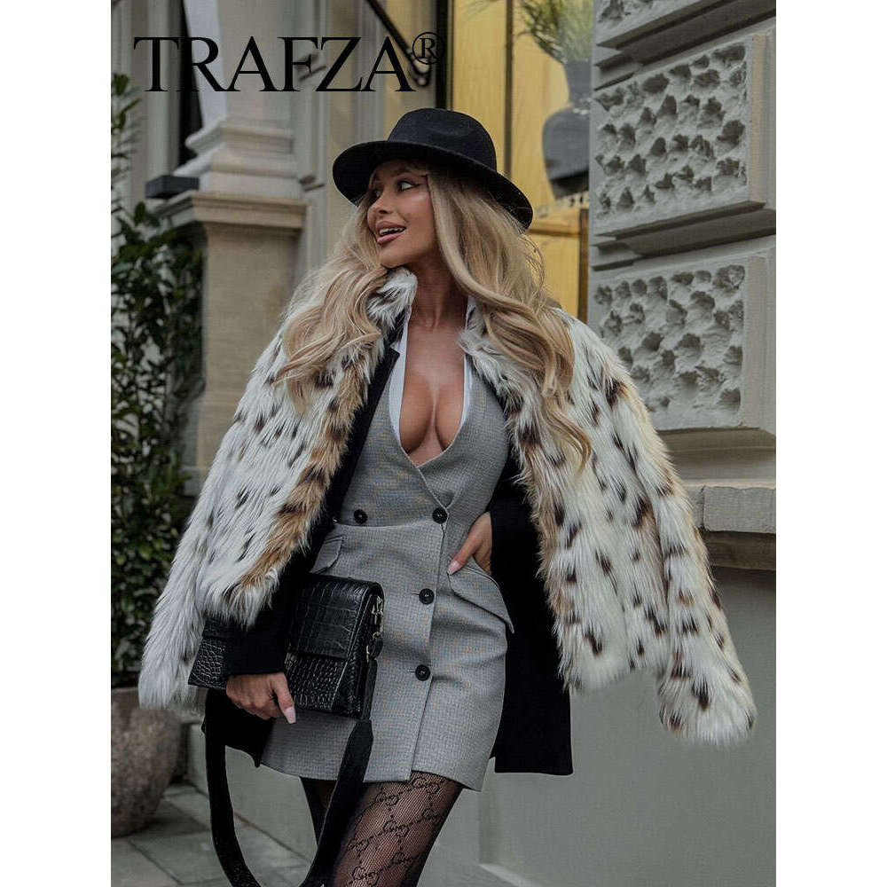 T Fashion Printed Women Fluffy Faux Fur Coats Elegant Stand Collar Long Sleeve Jackets Winter Lady High Street Warm Outwear