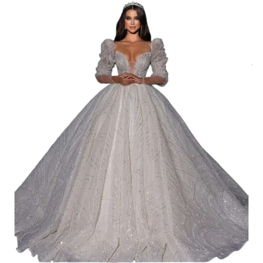 Vintage Ball Gown Dresses Puffy Sleeves Beads Crystal Dia Princess Wedding Dress Long Train Bridal Gowns 0515