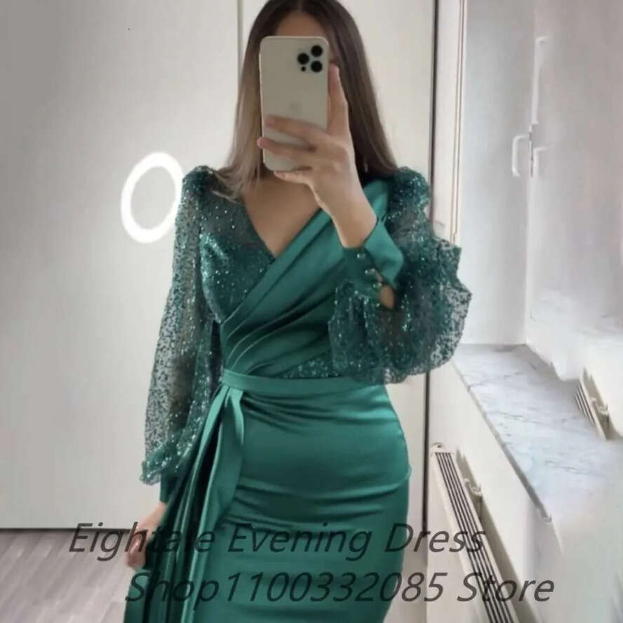 Dark Green Mermaid Satin Evening Dresses Long Sleeves V Neck Sparkly Sequins Custom Made Plus Size Prom Party Gown Vestidos 0914