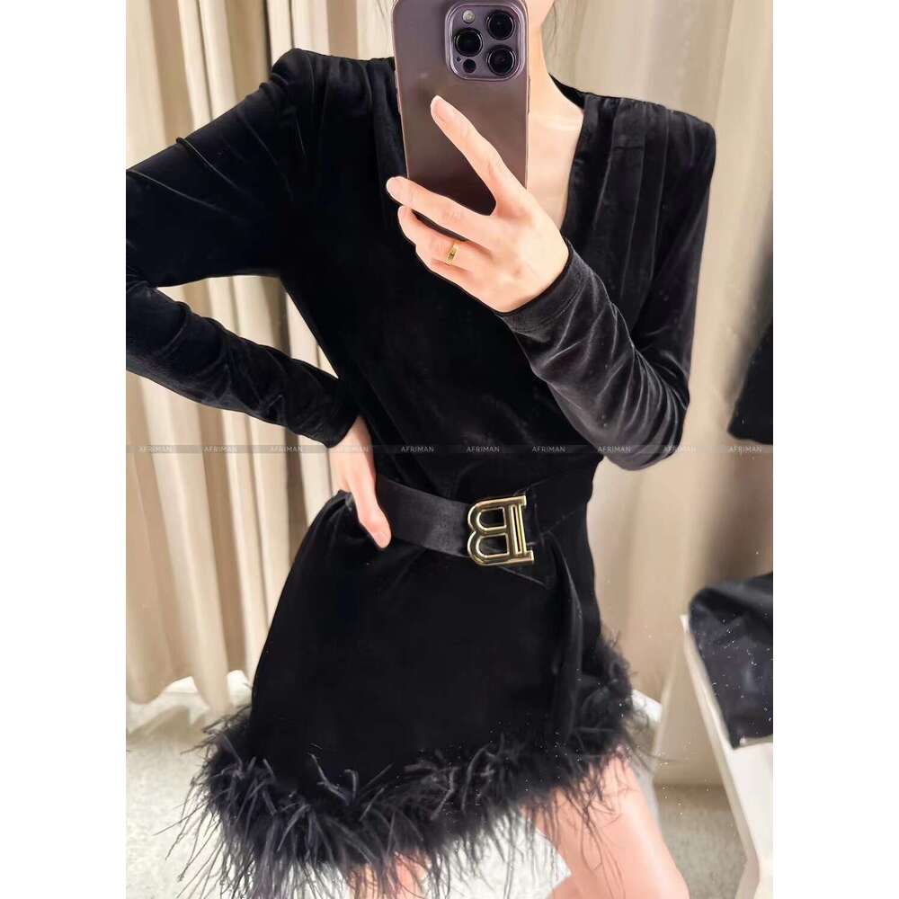 Women Sexy Deep V-Neck Ostrich Feather Patchwork Veet Short Dress With Metal Belt