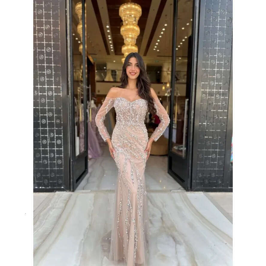 Elegant Mermaid Prom Dresses Off Shoulder Crystal Evening Sleeves Formal Long Special Ocn Party Dress 0515