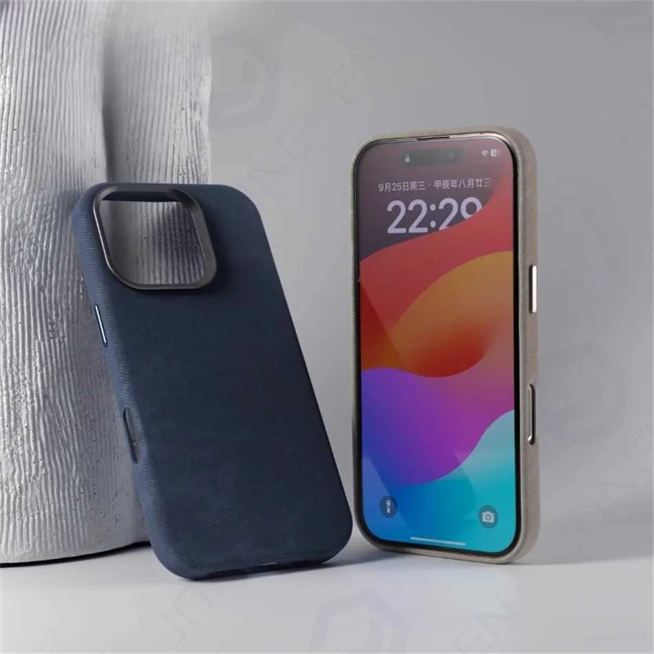 Luxury Fiber Leather For Phone Case For iPhone 16 15 14 13 12 Pro Max Plus Magnetic Wireless Charging Shockproof CoverLX241028