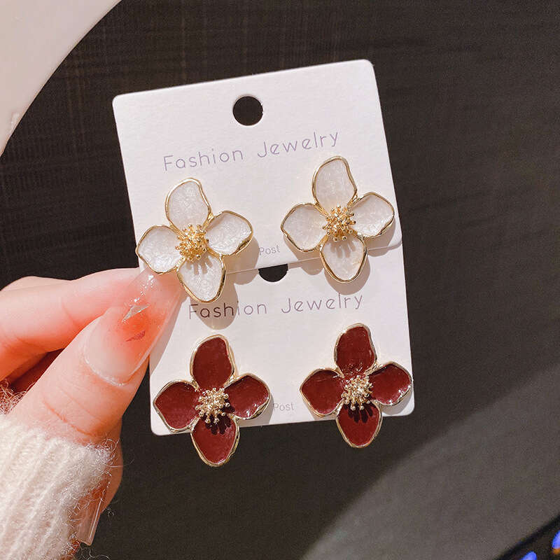 Hibiscus Dropped Glaze wer Stud Earrings for Women Girl French Ins Vintage 2024 Fashion Korean Wedding Romantic Jewelry Gifts