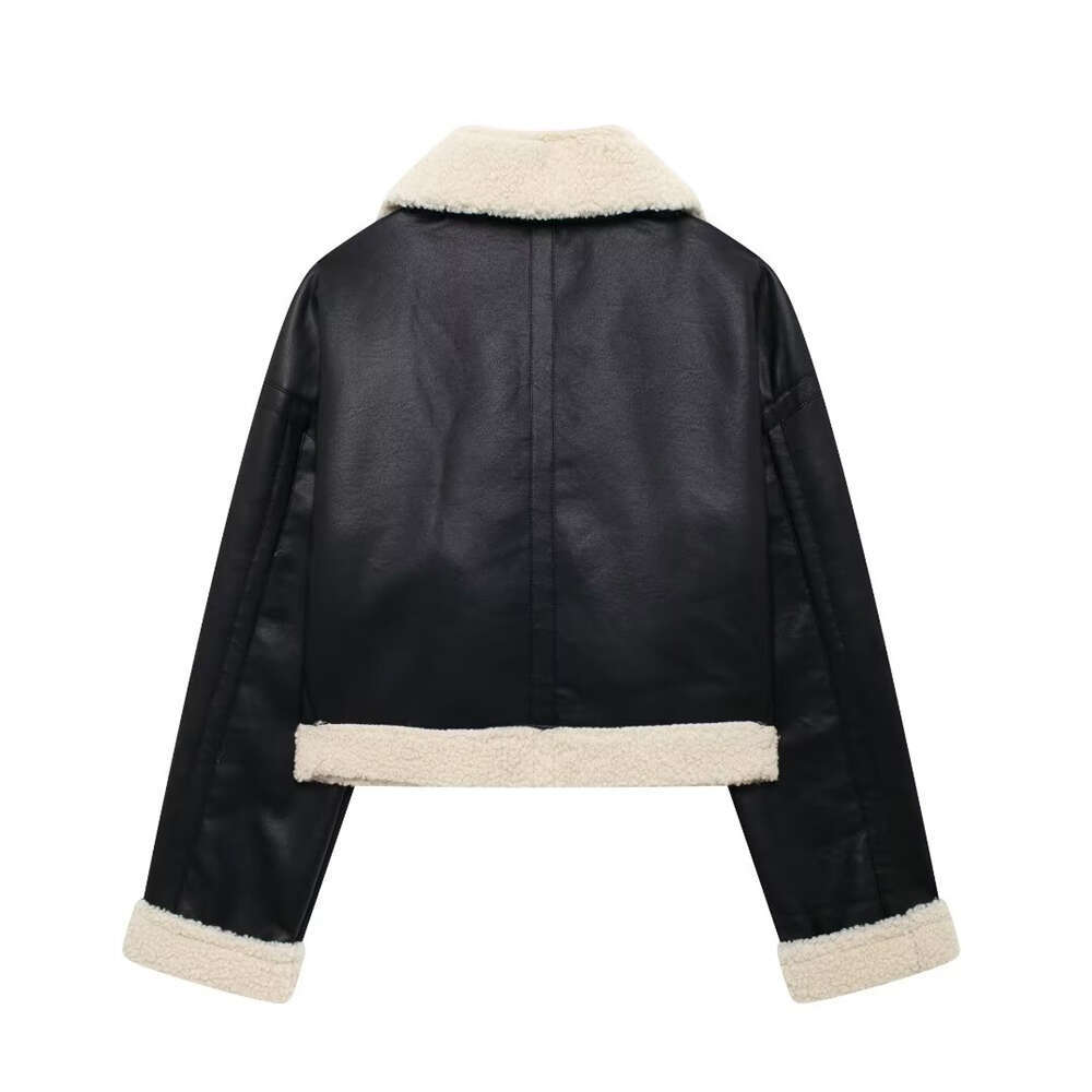 Rzra2024 Winter New Women's Black Versatile Lapel Long-Sleeved Zippered Inner Fleece Warm Short Fur One-Piece Jacket