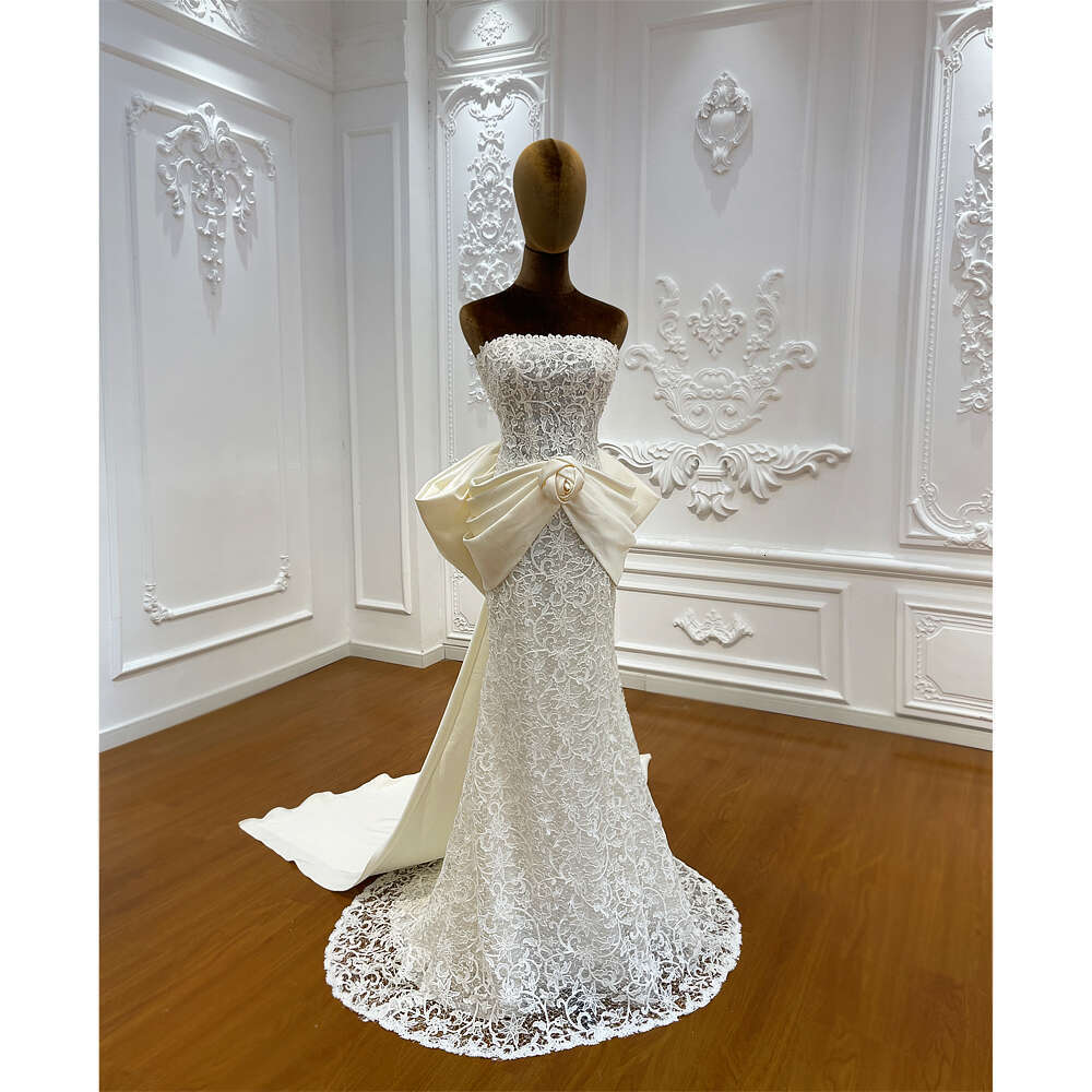 Sleeveless Appliques Lace Mermaid Bridal With Detachable Stain Bow Wedding Dress