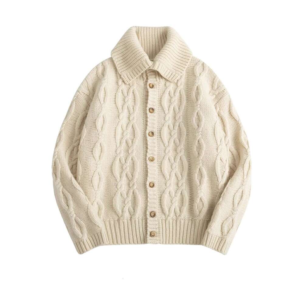 Lapel Twist 100%Cashmere Cardigan POLO Neck Loose Sweater Women's Coat Thick Knit Winter