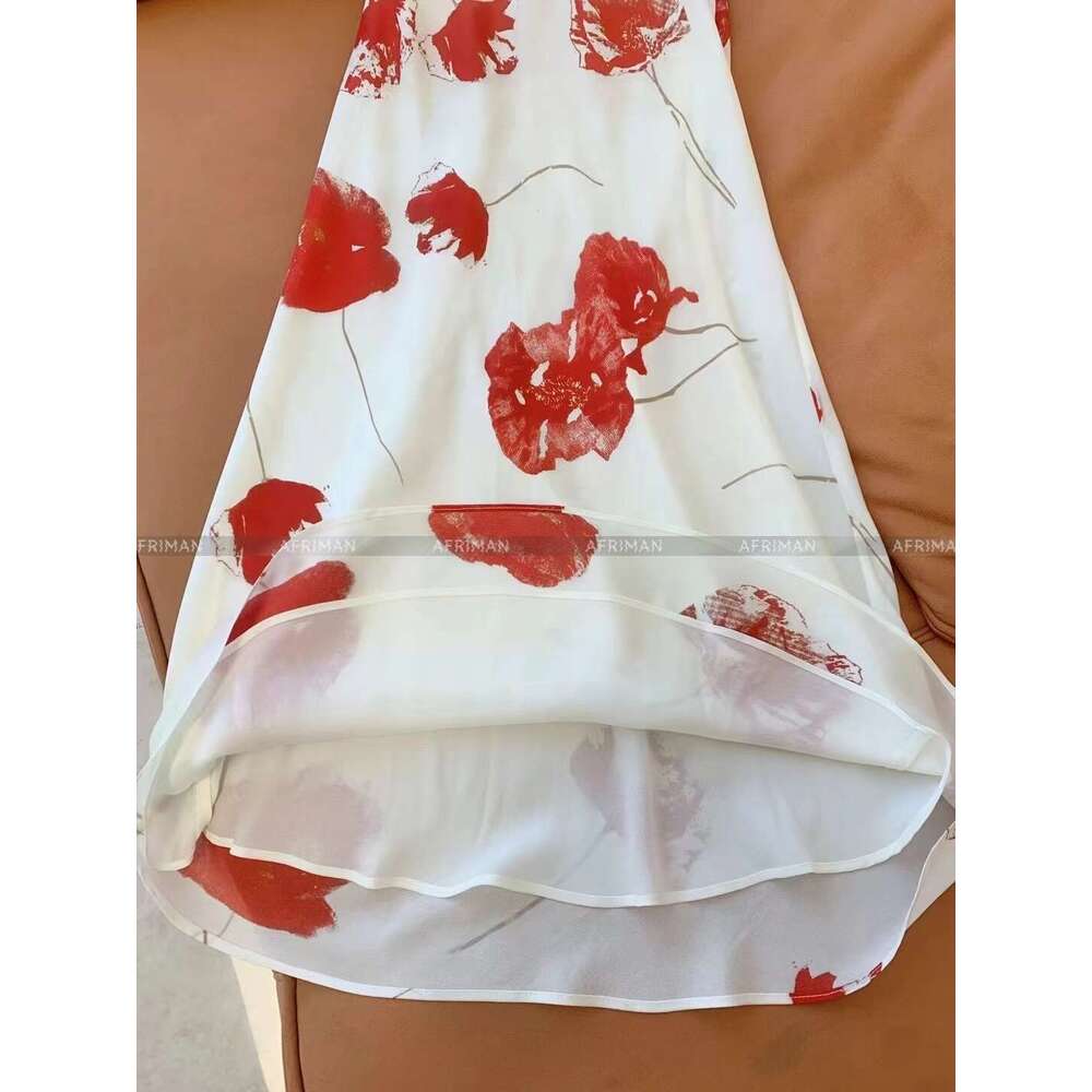 Women V Neck Sleeveless Wer Print Double Layer Silk Midi Dress
