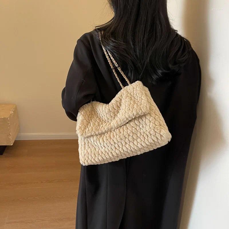 2025 NEW Drawstring Women Girls Solid Color Chain Shoulder Bag Large Capacity Furry Tote Handbags Soft Plush Messenger fashionable item zhanyishengli