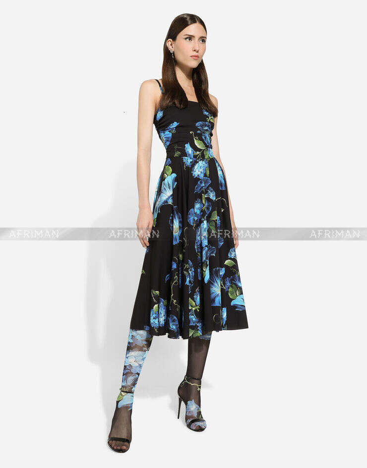 Women Blue Morning Glory Hyacinth Positioning Print Strapless Suspender High Waisted Dress