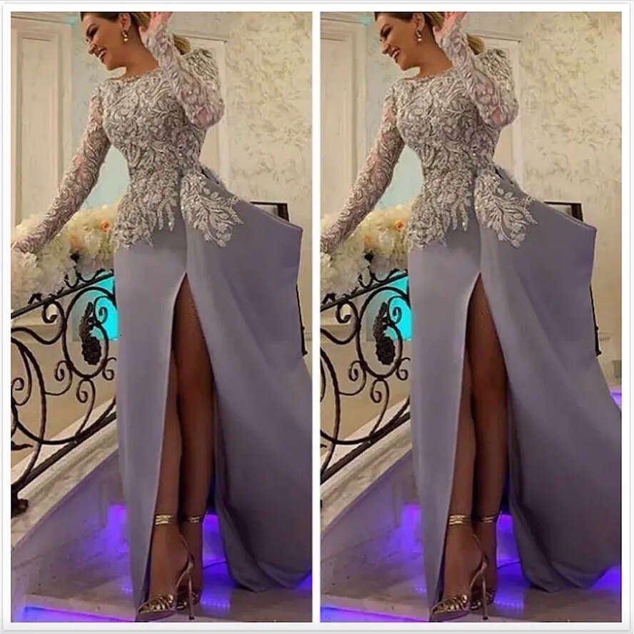 Aso Ebi 2023 Arabic Vintage Lace Beaded Evening Long Sleeves Prom Dresses High Split Formal Party Second Reception Gowns 0431