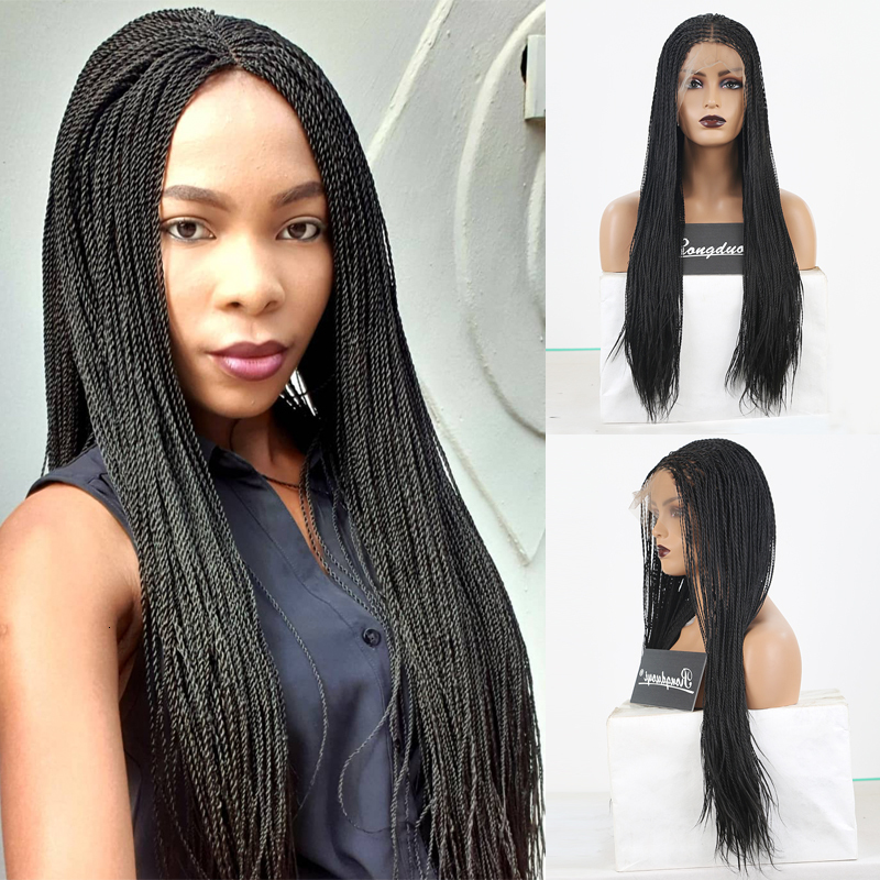 RONGDUOYI 500pieces 3 Synthetic Hair Lace Front Long Heat Resistant Braided Wigs For Black Women Twist Braids Wig