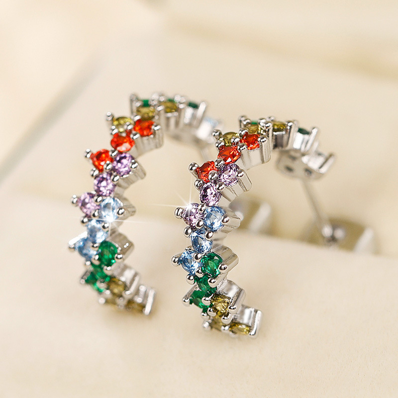 Creative Curved Colored Zirconia Earrings 925 Sterling Silver Women's Geometric Diamond Earrings Classic White Gold Crystal Earrings Luxury Weddi