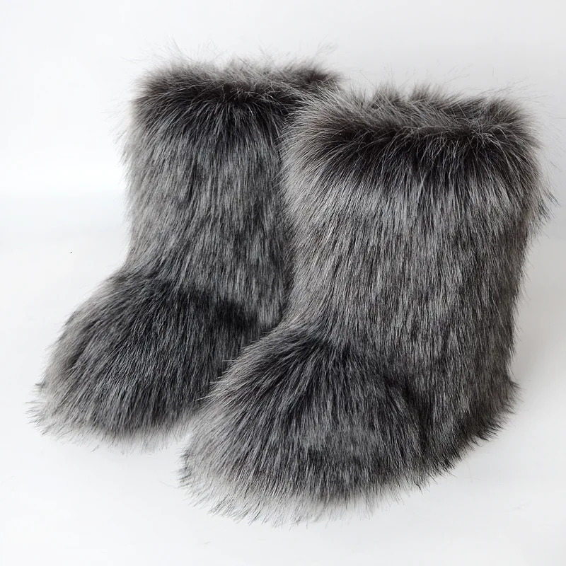 Womens Winter Snow Boots Outdoor Furry Faux Fox Fur Boots Woman Plush Warm Platform Shoes Fashion Bottes Big Size 44 241028
