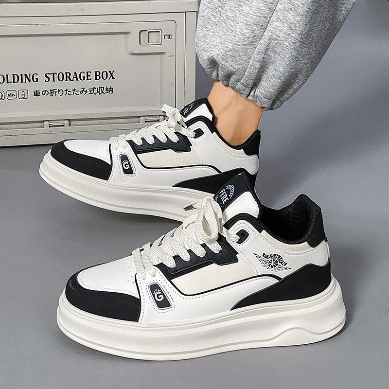 Autumn and Winter New Men's Thick Bottom Student Skateboarding Shoes Versatile Mid Top Sports and Leisure Shoes Leather Face Trendy Men's Sh