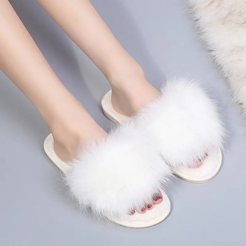Thick Fluffy Fur Slippers Women Winter House Warm Furry Slippers Women Flip Flops Home Slides Flat Indoor Floor Shoes 241025