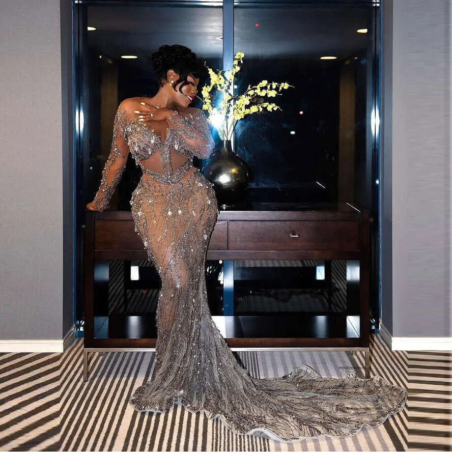 Shiny Sier Mermaid Prom Dress 2024 Sequin Beads Long Sleeve Illusion Sexy Evening Dresses Vestidos De Gala Custom 0521