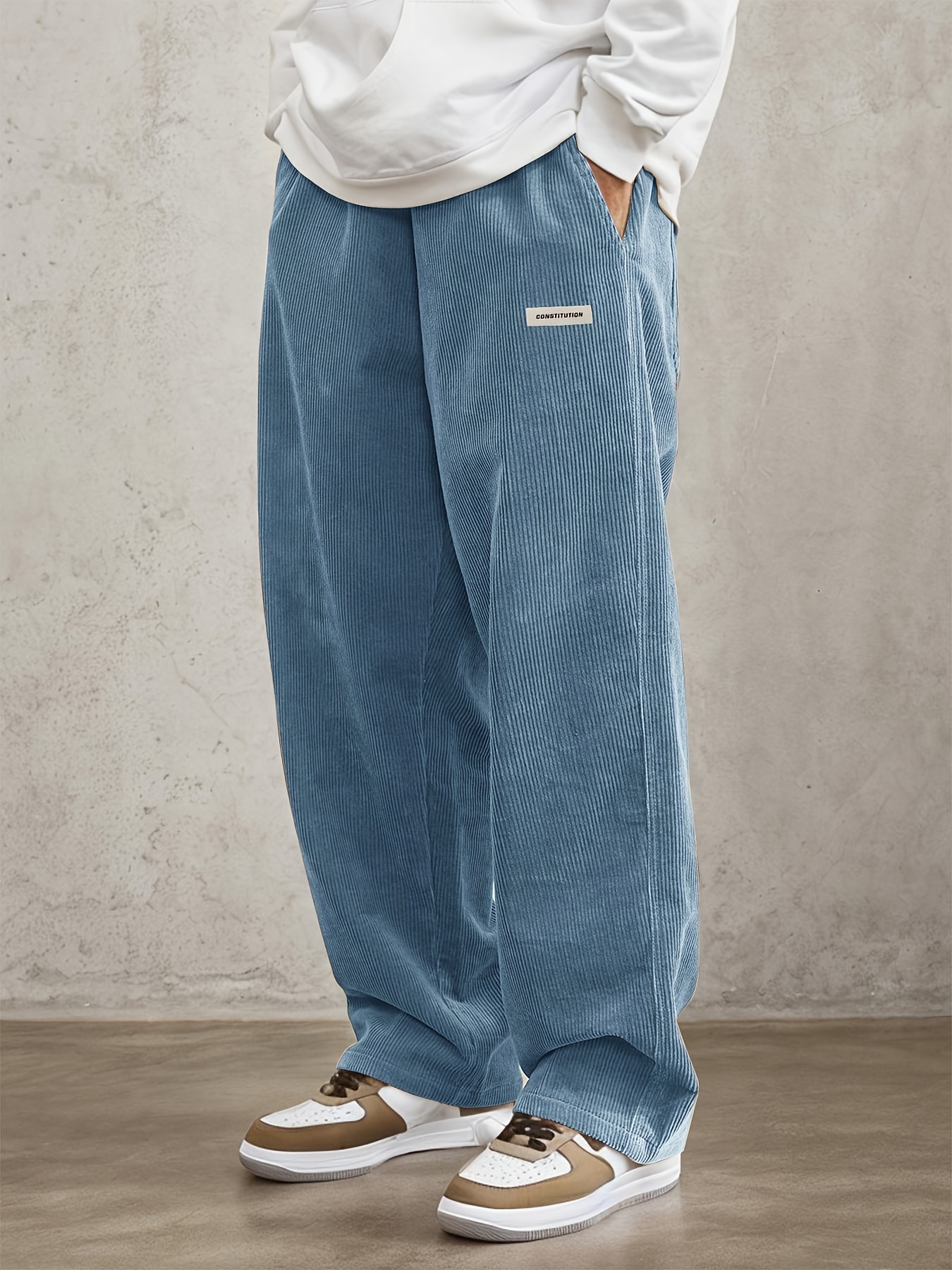 Men's retro style loose corduroy casual pants with slanted pockets - breathable straight waist sports pants, suitable for city walks and outdoor 