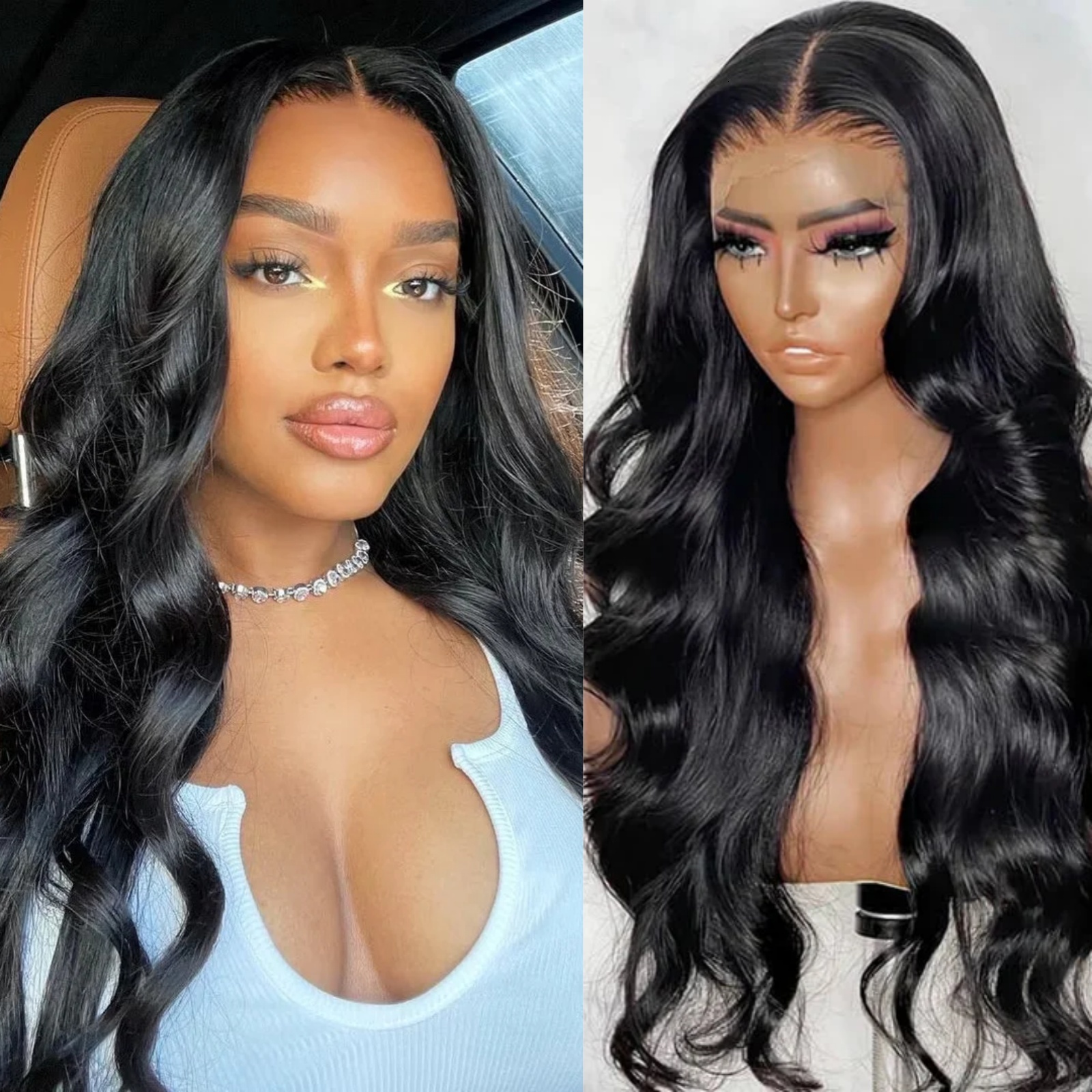Jet Black Loose Body Wave Synthetic Lace Front Wig Long Curly Wavy Natural Colored Hair 13X4 Frontal Wigs for Women Daily