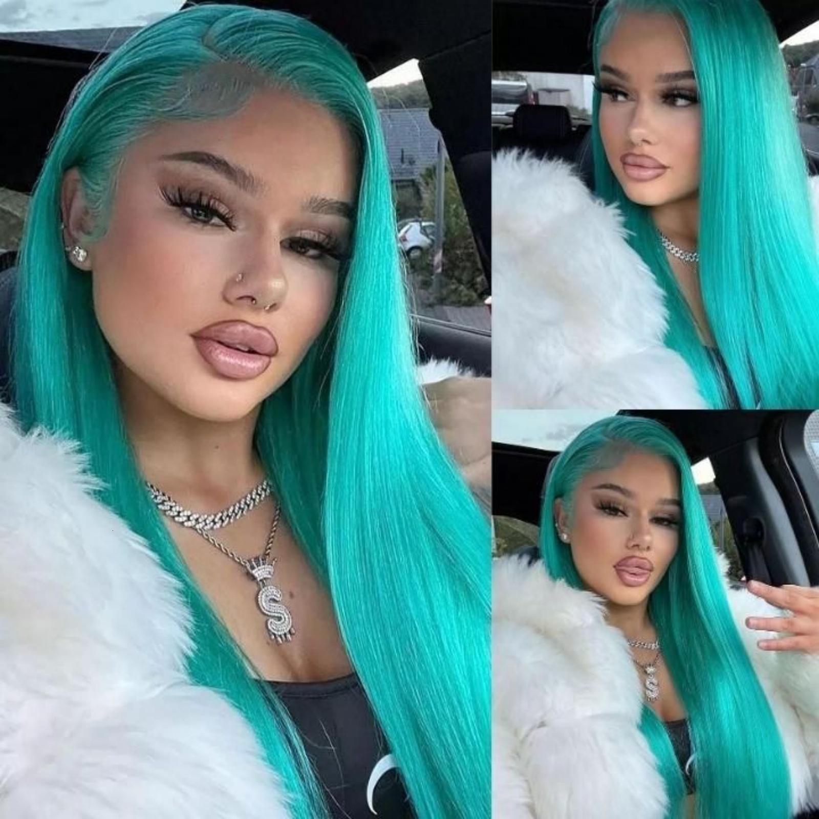 Long Silky Straight Synthetic Lace Front Wig Green Colored Lake Blue Hair Natural 13X4 Frontal Wigs for Women Party Cosplay