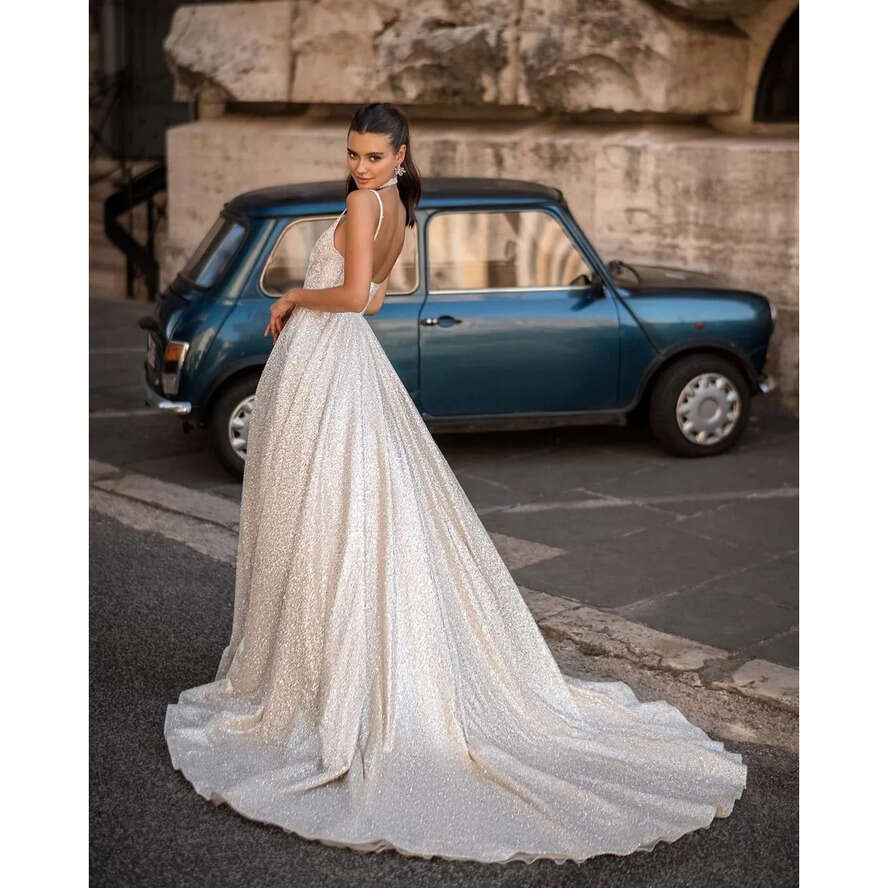 Berta A E Dresses Straps Bone Bodice Glitter Wedding Gown Sweep Train Designer Bridal Gowns 0515
