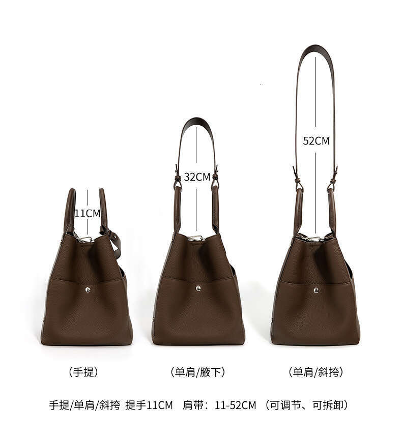 New Retro Open Pocket Design Coffee Solid Color Winter Bucket Tote 100% Soft Genuine Leather Women's Shoulder Bag Handbag