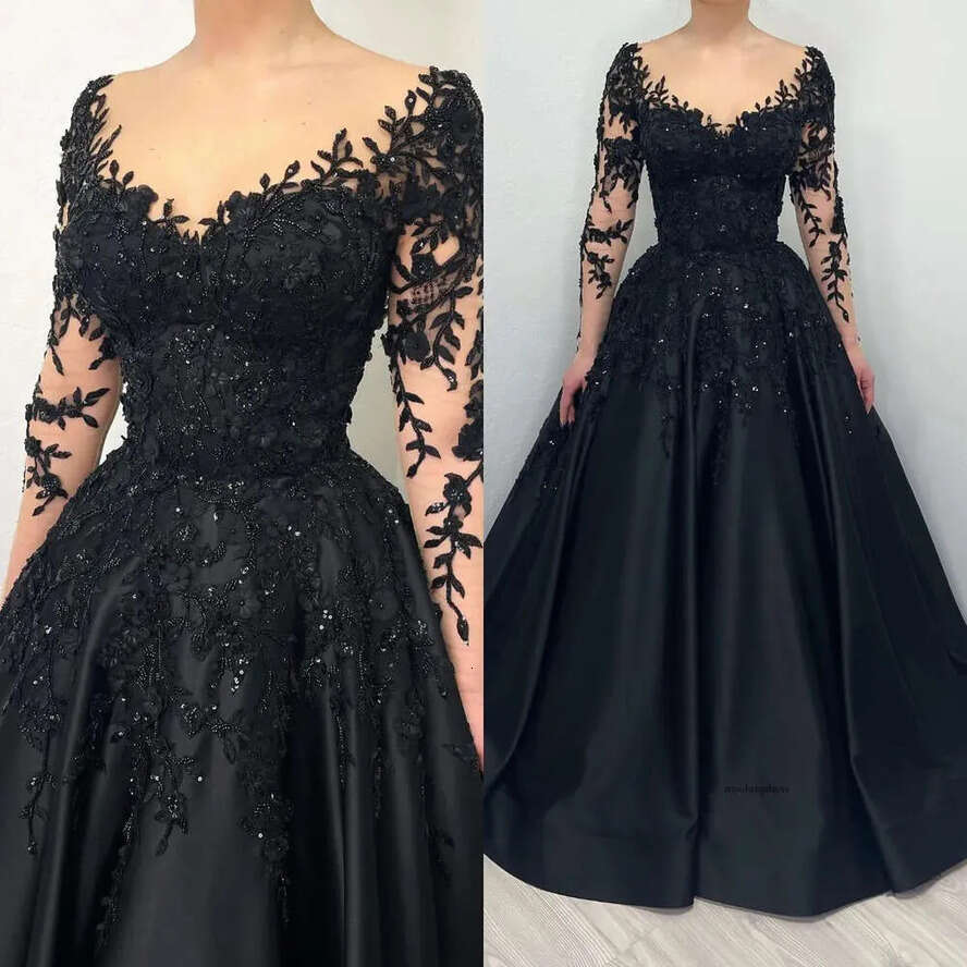 Stunning A E Gothic Illusion Long Sleeves Boho Dresses Bridal Gowns Sequins Lace Appliques Country Black Wedding Dress 0515