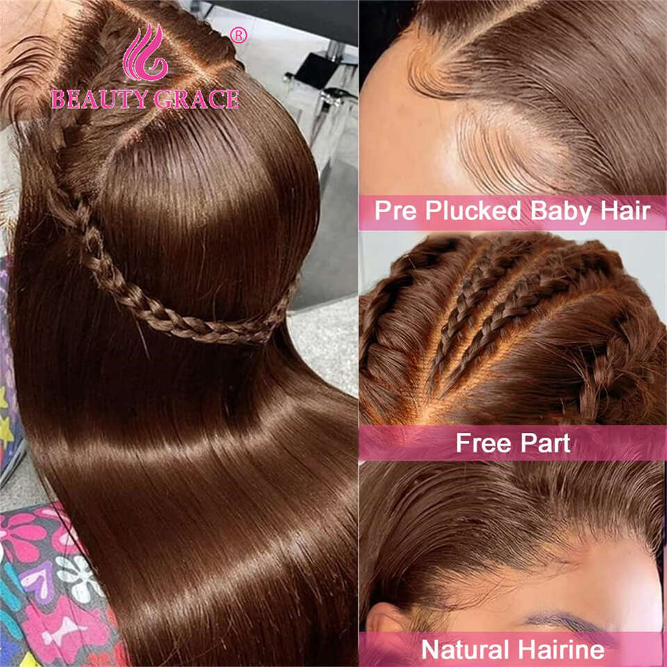 Dark Brown Straight X Lace Front Wig Chocolate Bone Human Hair x Closure Colored Wigs Beauty Grace