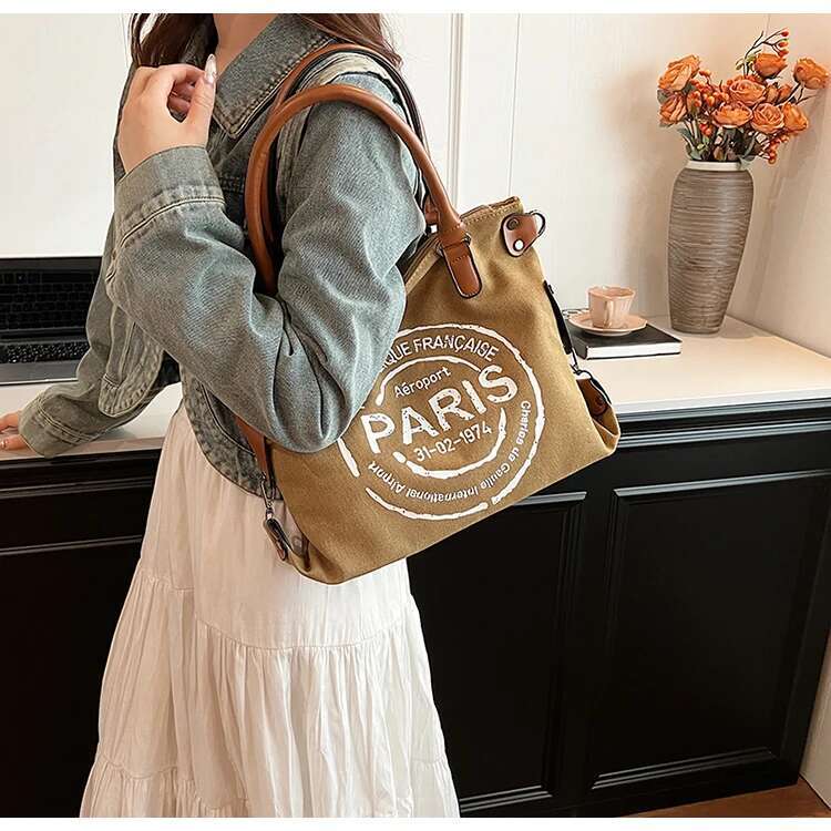 Large Retro Canvas Tote Adjustable Shoulder Strap Vintage P Stamp Print - Stylish Crossbody Bag for Women