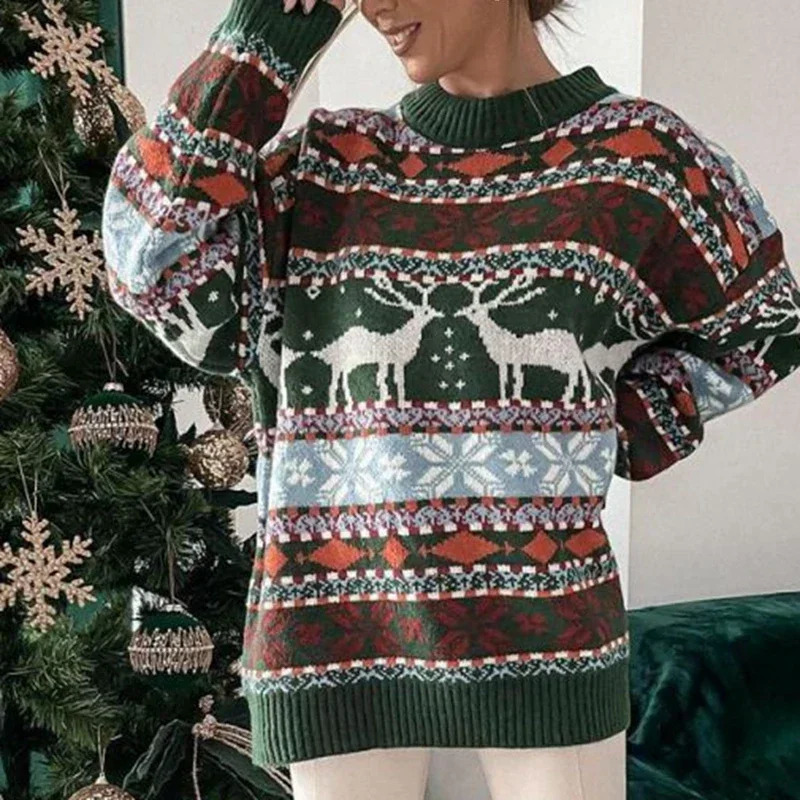 Allover Print Womens Sweater Winter Casual Loose Full Sleeve Knitted Thin Jumping Warm and Soft Christmas Clothing 241025