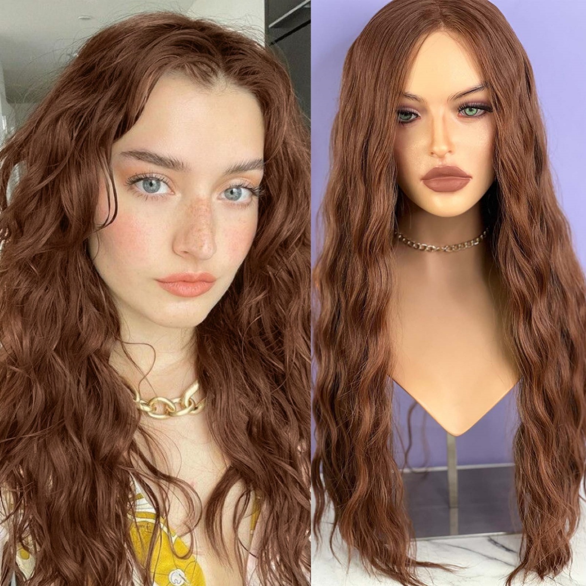Reddish Brown Synthetic Hair Long Wavy Curly Front Wig Natural Copper Red Auburn Colored Lace Frontal Wigs for Women