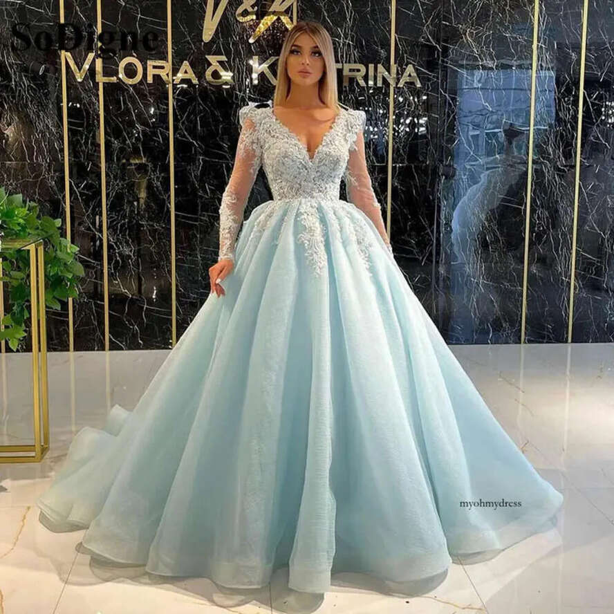 Blue A-E Prom Dresses Princess Long Sleeves V Neck Appliques Sequins Elegant 3D Lace Ruffles Or Length Party Gowns Plus Size Custom Made 0431