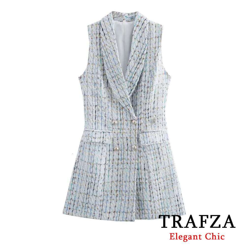 TRAFZA Women Fashion Tweed Vest Lapel Sleeveless Mini Skirt With Ed New 2024 Spring Fall Elegant Fresh Color Dress