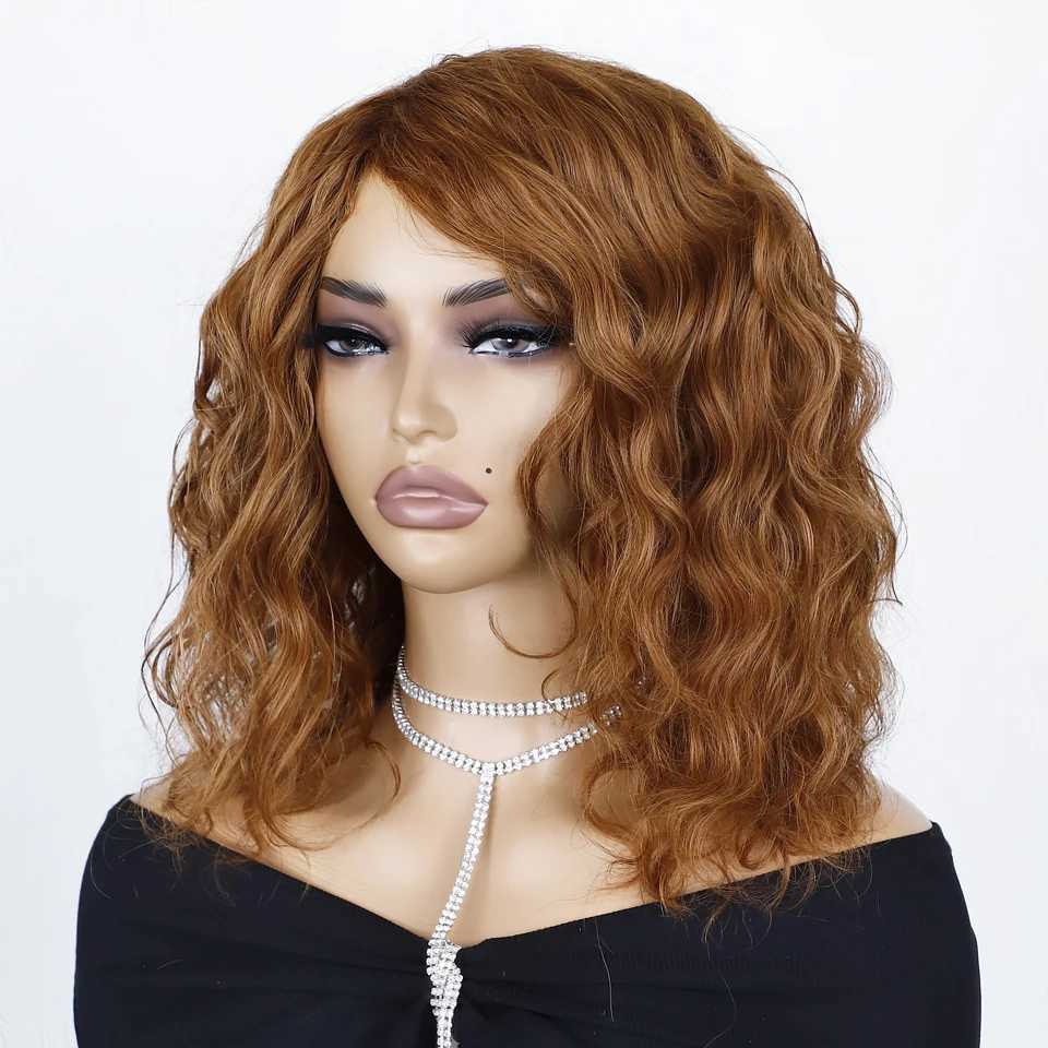 Big fluffy brown mixed blonde bob curly wig without glue with fringe bangs honey curly bob wig side part pre picked M241028