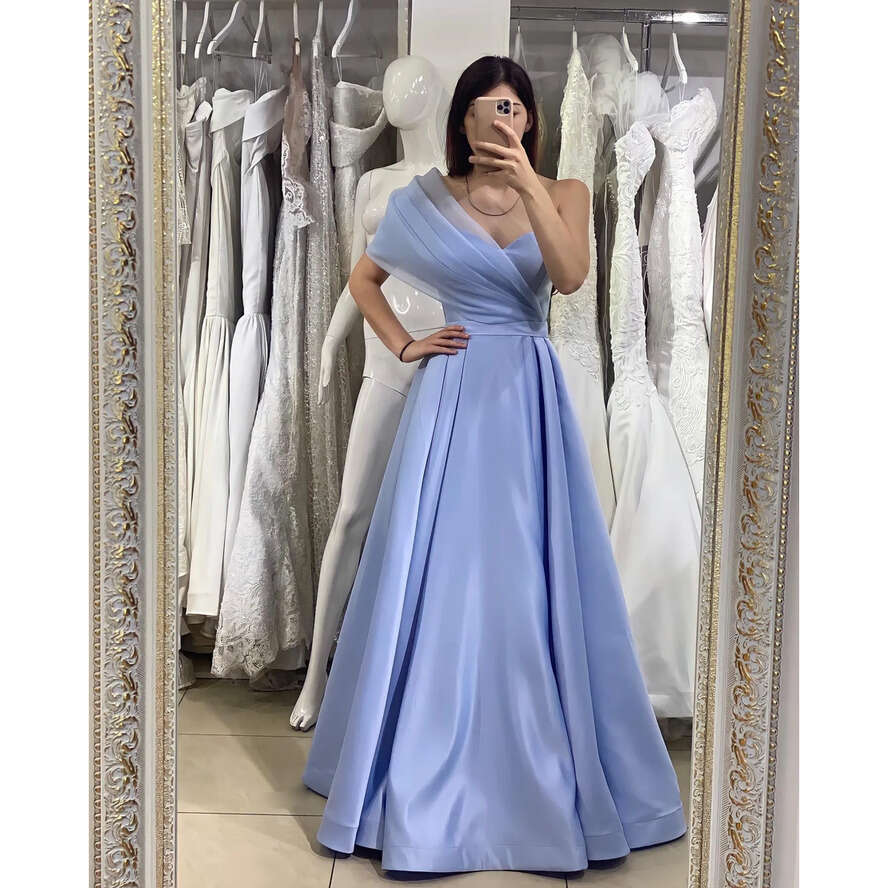 Elegant Baby Blue Evening Dresses Off Shoulder A E Party Prom Pleats Long Dress For Special Ocn 0515