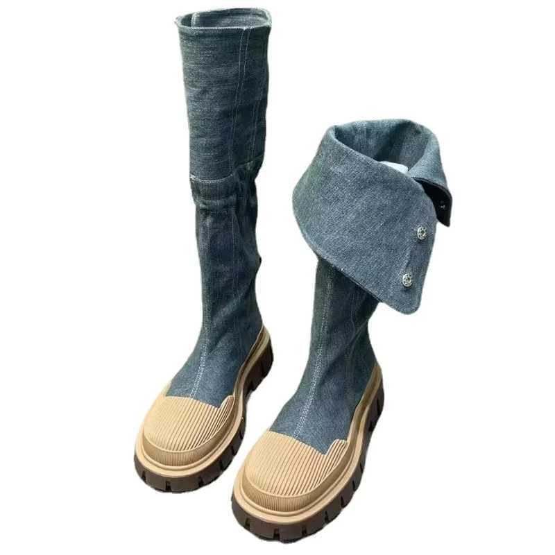 Women Flats Platform Denim Winter Designer New Knee High Motorcycle Boots Casual Goth Shoes Snow Botas hot Mujer Z241028