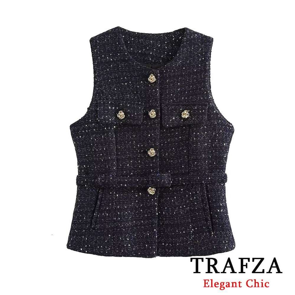 TRAFZA Belted Sequined O-Neck Gold-Color Button Jacket New 2024 Spring Fall Fashion Urban Elegant Slim Vest