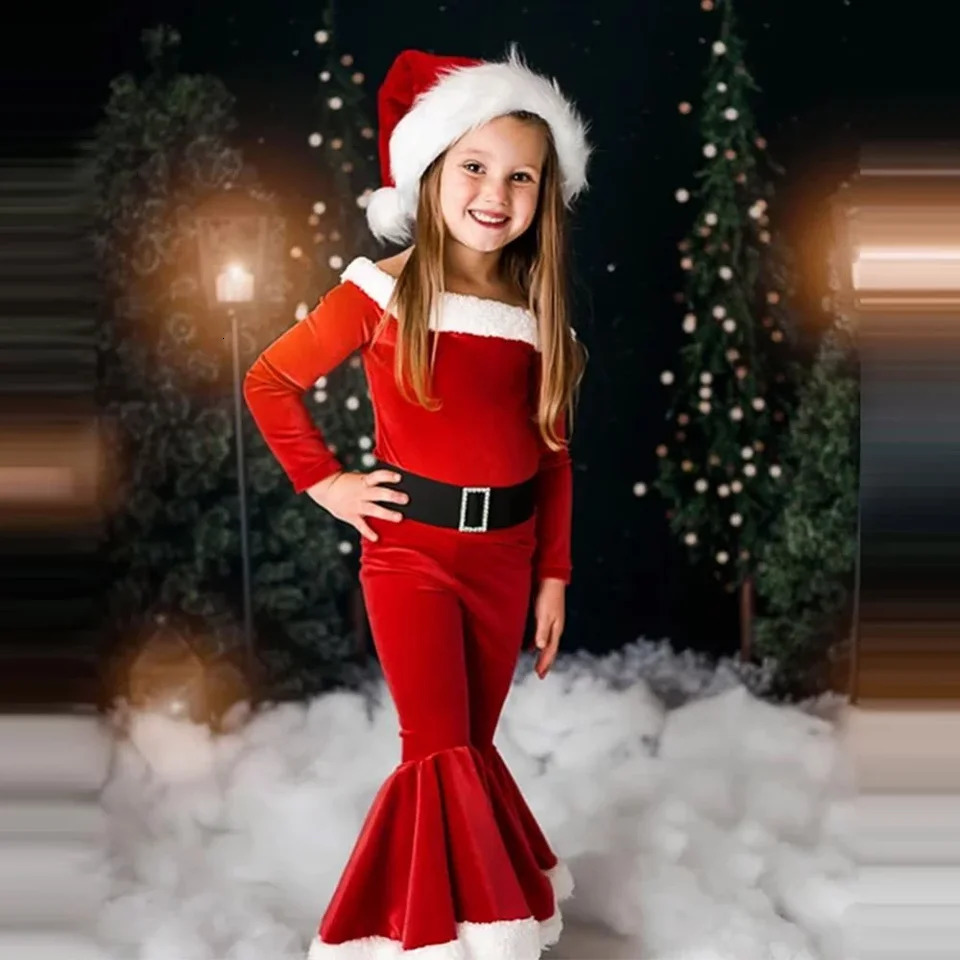 Girlymax 4Pcs Girls Christmas Clothes Set Kids Red Long Sleeve Velvet Top Flare Pant Hat Xmas Santa Suit 241028