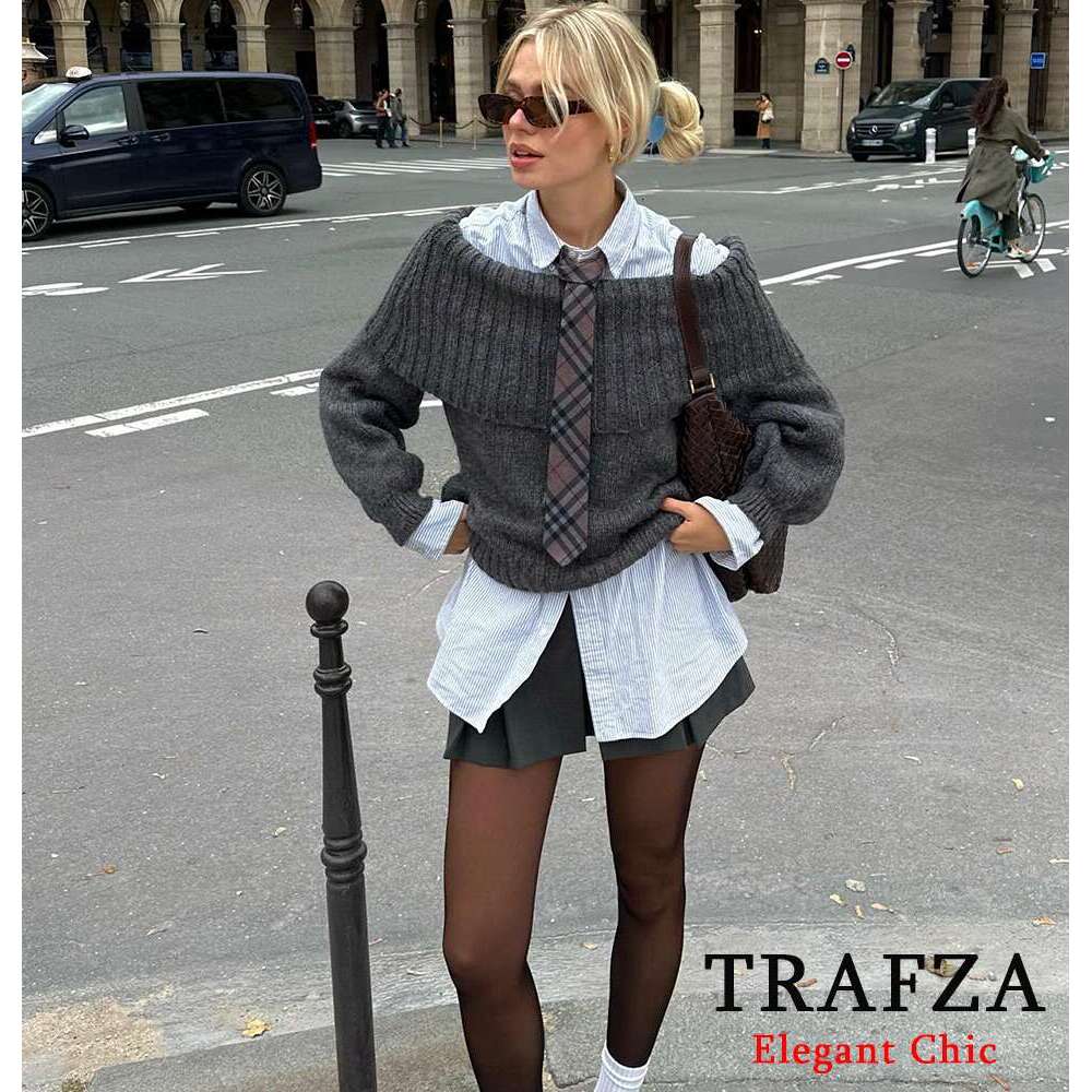 TRAFZA Women Knitted Straight Shoulder Off-Shoulder Boat Neck New 2024 Spring Fall Sexy Elegant Sweater