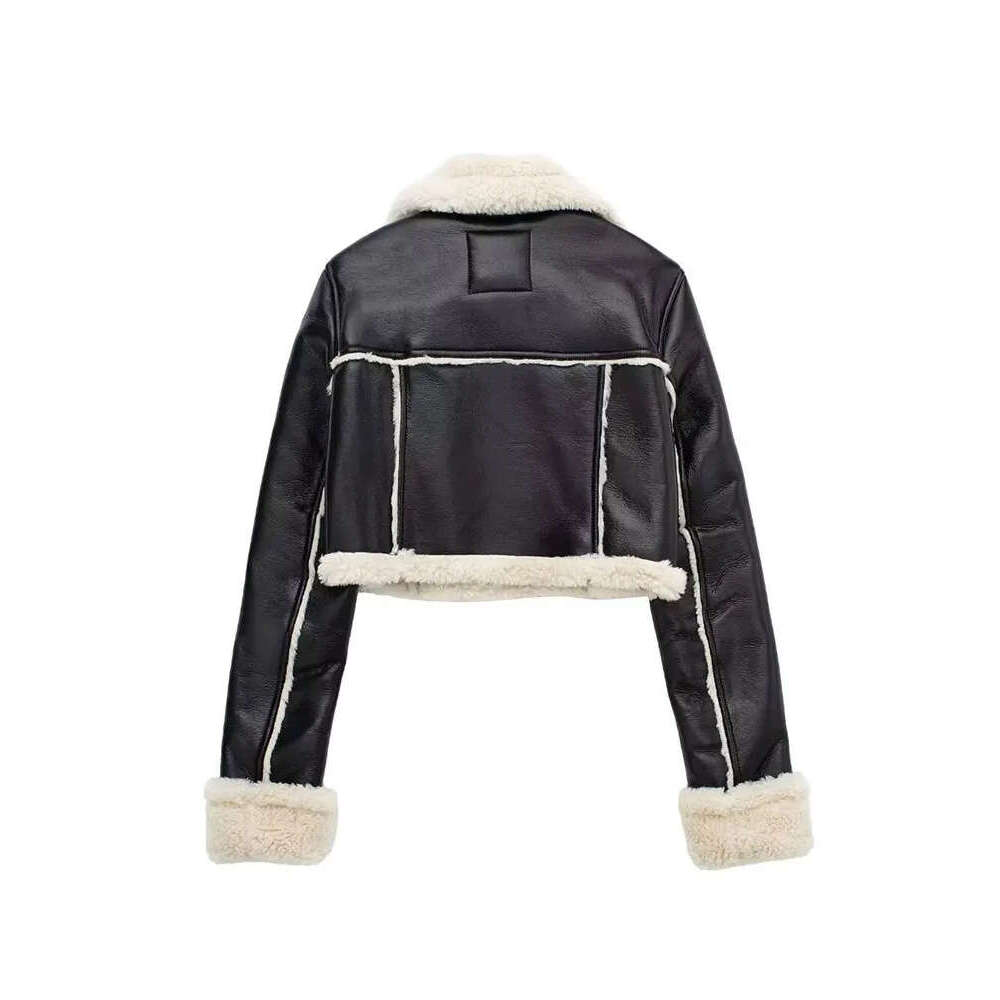 Women Winter Faux Fur Crop Jacket Fashion Thick Fleece Warm Lapel Coat Female Vintage Long Sleeve Zipper Outerwear Chic Top TRAF