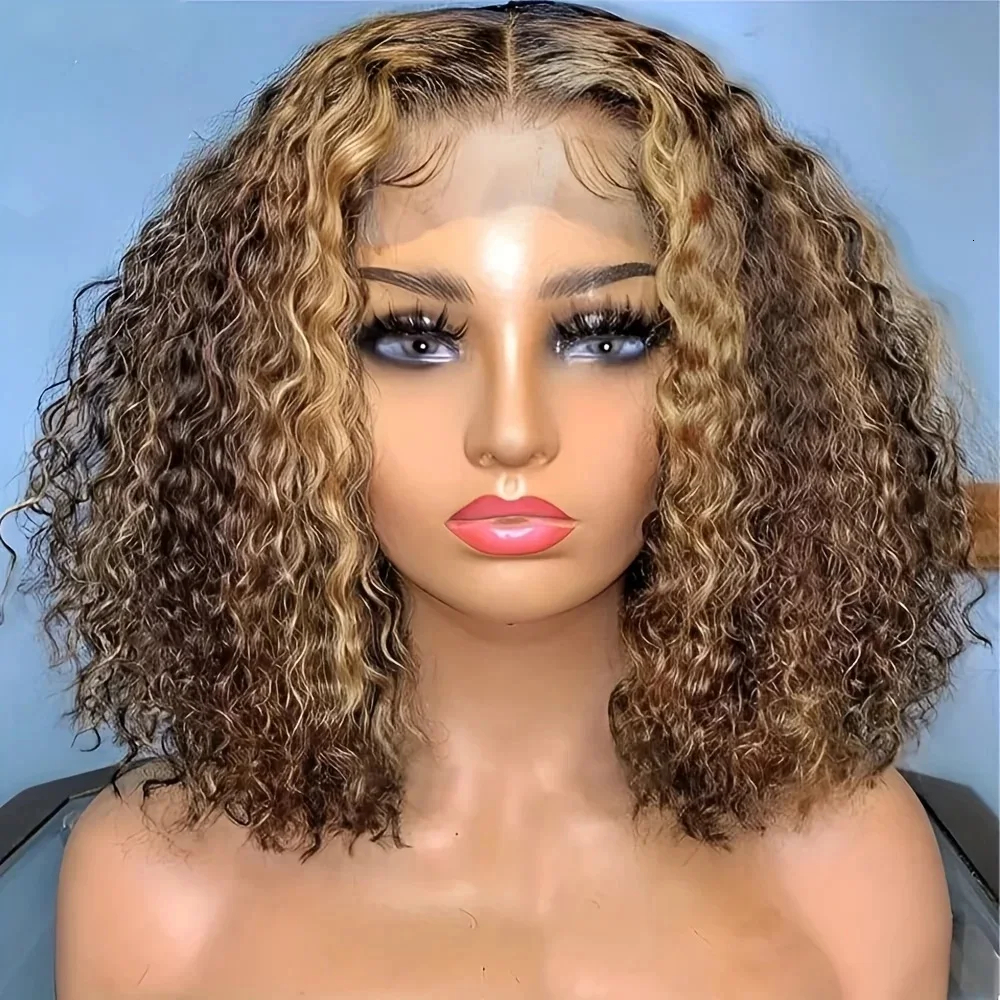 Highlight Ombre Lace Front Curly Human Hair 13x4 Short Bob Honey Blonde Colored Deep Wave Frontal Wig For Black Women