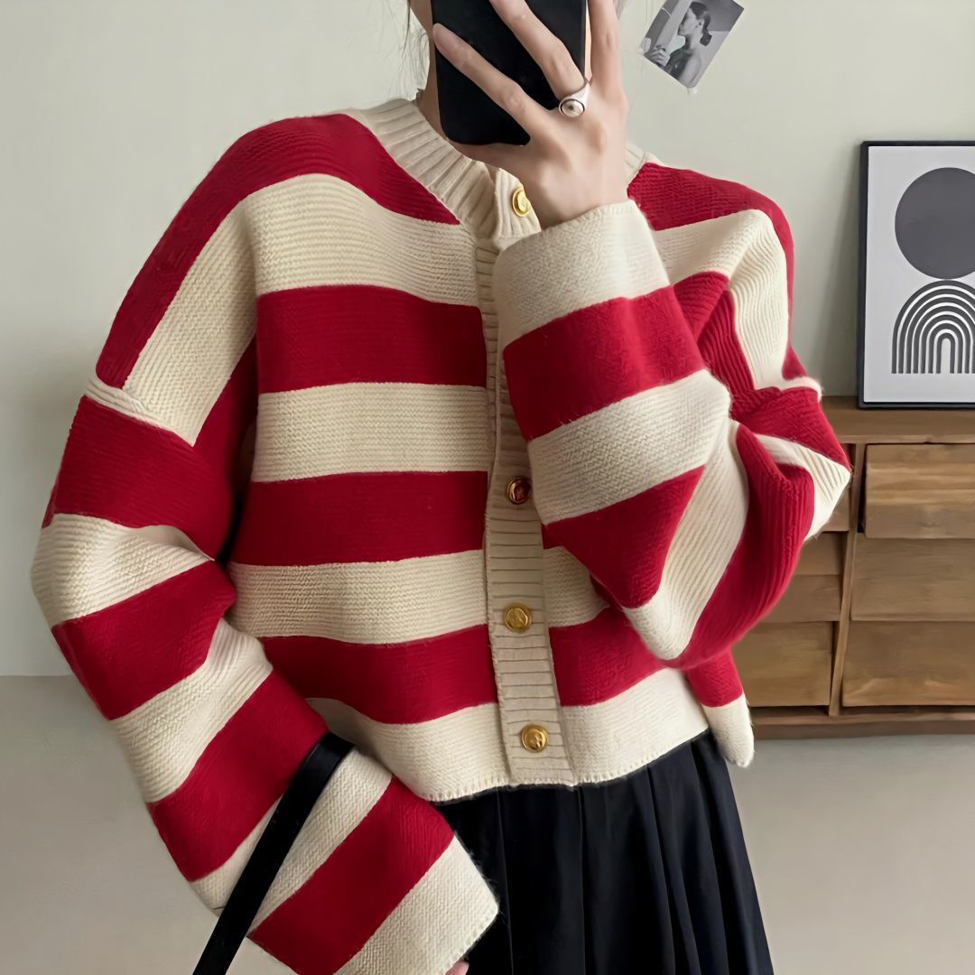 Korean Fashion Autumn Winter New Item Age Reducing Fresh Contrasting Striped Sweater Women Soft And Sticky Long Sleeved Knitted Cardigan Jacket F1028#