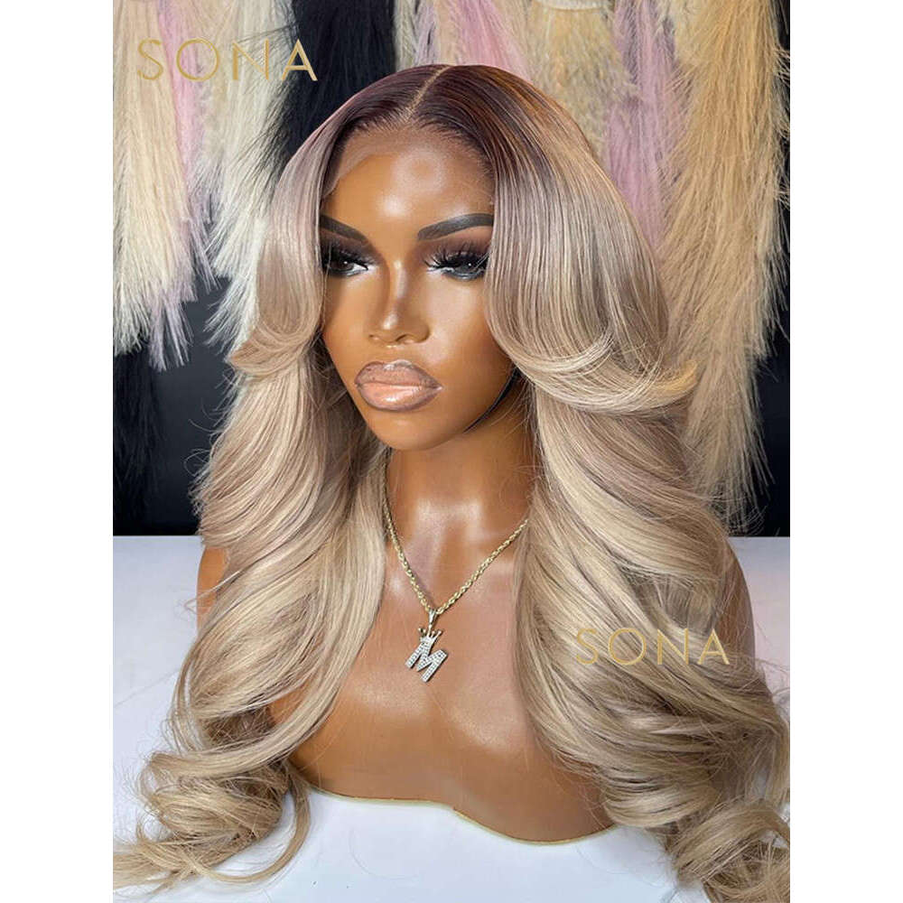 x HD Transparent Lace Frontal Wig Human Hair Ombre Ash Honey Blonde X Front With Dark Root