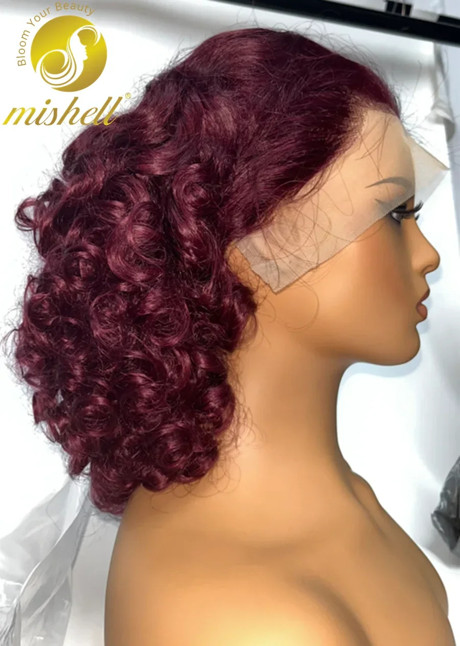16inch 13x4 Full Lace Frontal Spring Bouncy Curly Human Hair Wigs 250% Density Bury 99J Short Loose Wave Bob Wig PrePlucked