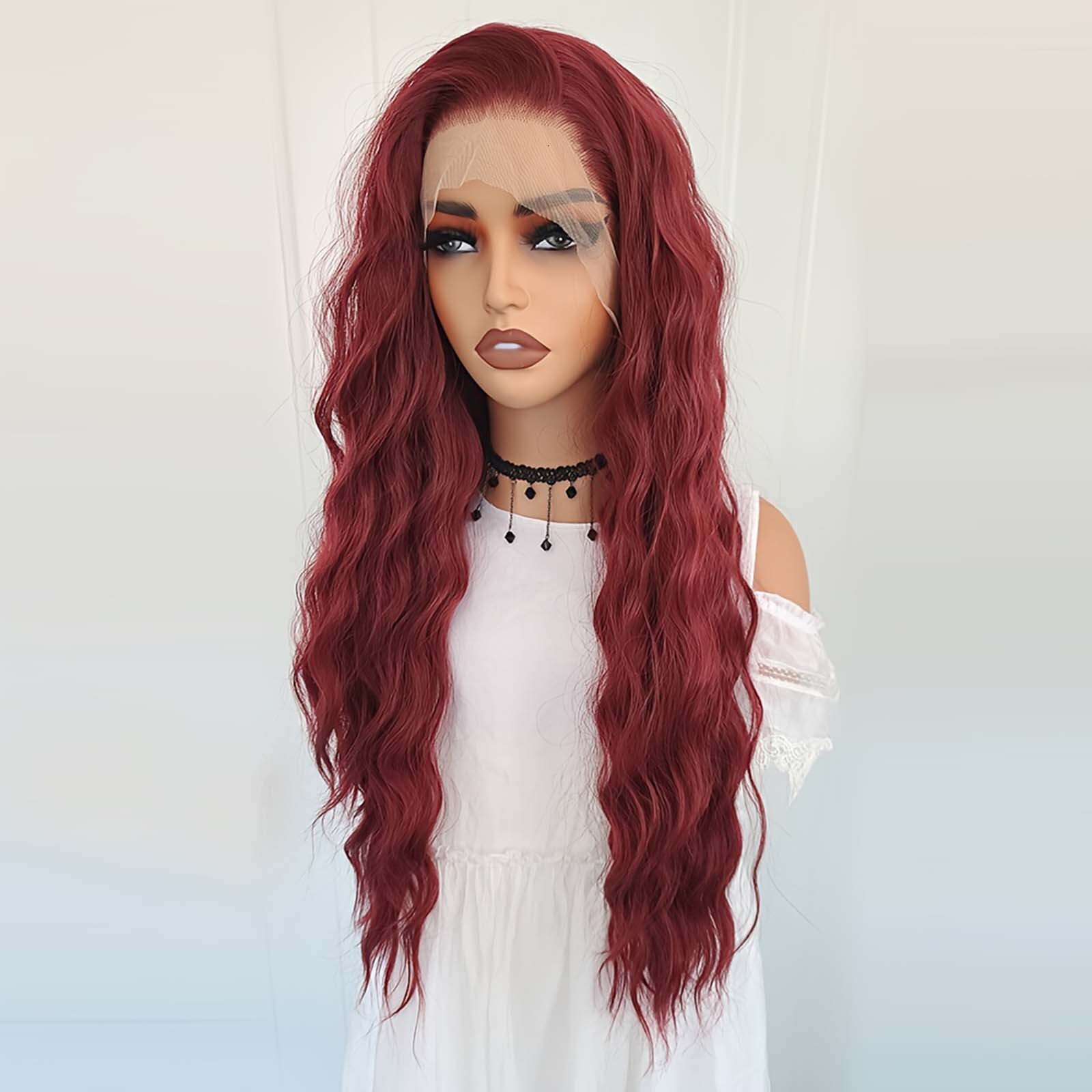 Bury Long Curly Synthetic Lace Front Wig Natural Wavy Deep Wave Dark Red Colored Hair 13X4 Frontal Wigs for Women Party