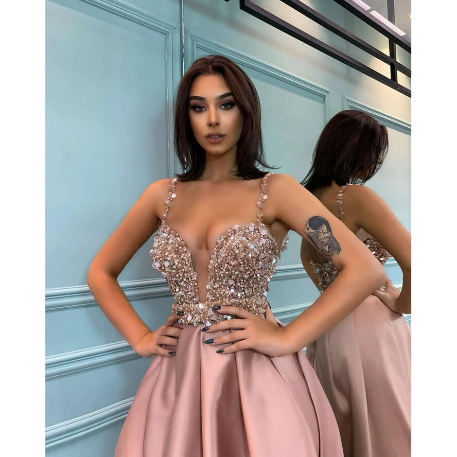 Fashion Designer Pink Prom Dresses Straps V Neck Sequins Tail Pleats Tea Length Formal Red Carpet Special Ocn Short Party Dress 0515